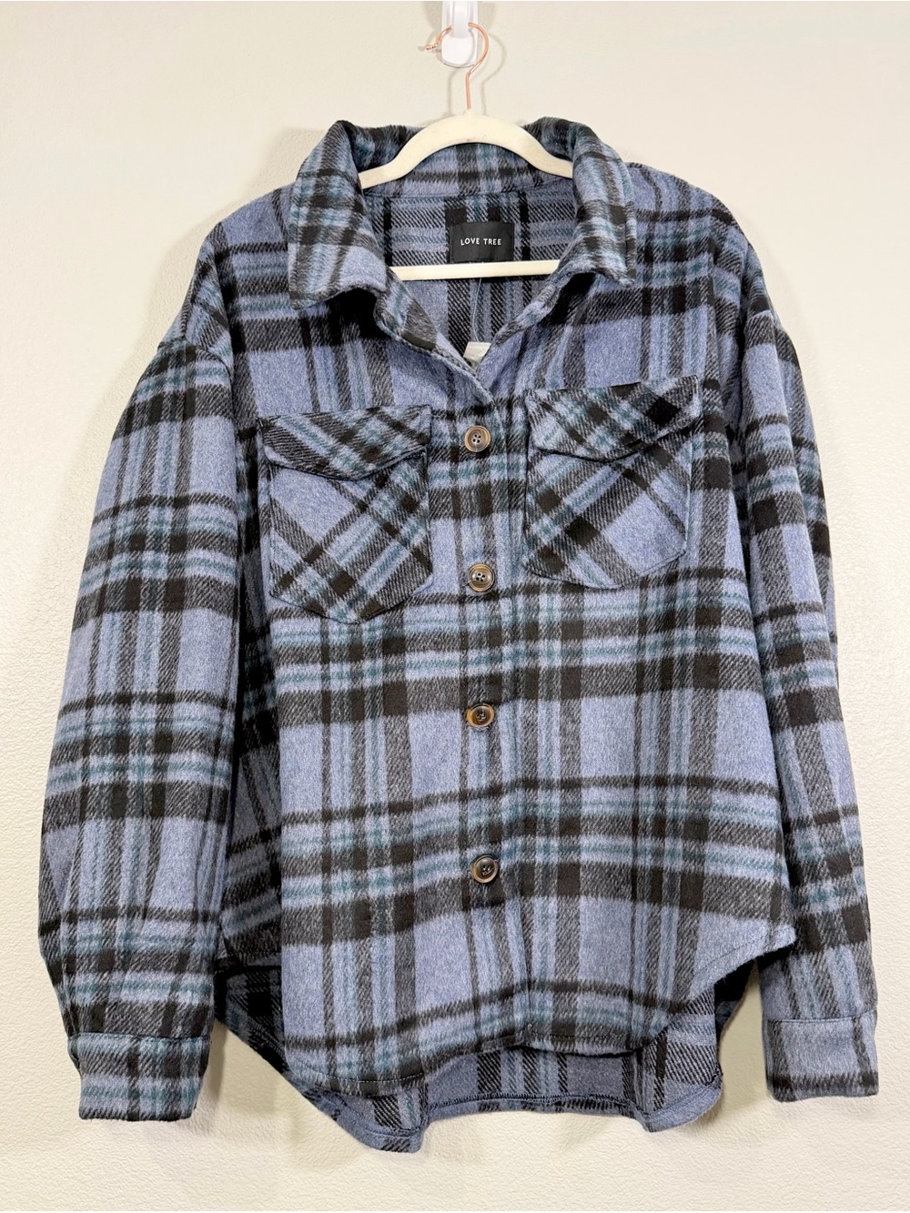 Love Tree Shacket Plaid Button-Down Shirt Jacket Flannel Coat Blue Black Women L
